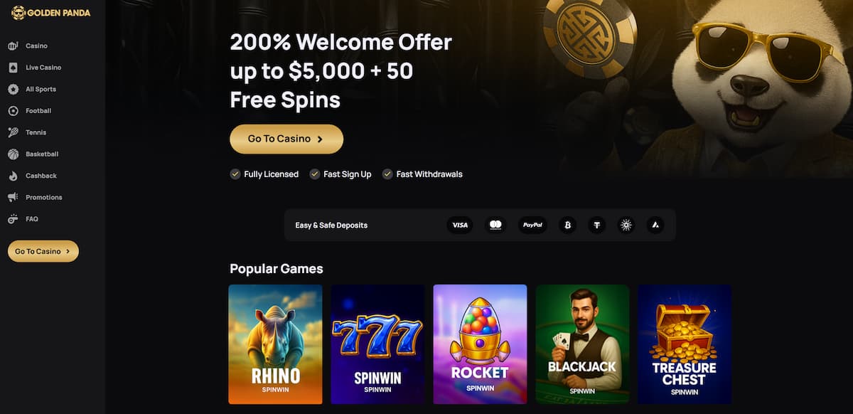 Golden Panda richtet sich vor allem an Krypto-affine Schweizer Spieler und überzeugt mit sicherer Registrierung, schnellen Zahlungen und einem starken Bonus von 200 % bis 5.000 € plus Freispiele. Trotz einer etwas kleineren Spielauswahl überzeugt das Casino mit hochwertigen Slots, Live Casino, Sportbereich und deutschsprachiger Oberfläche.
